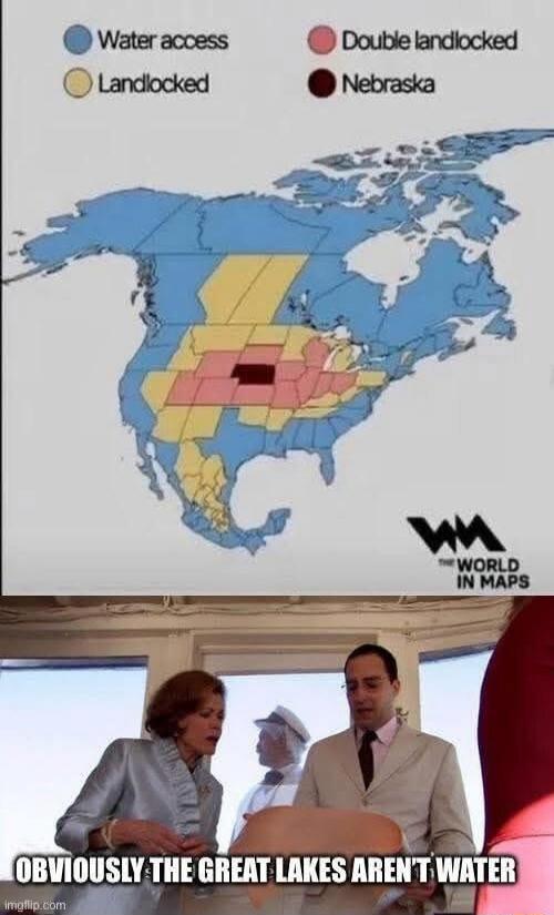 Water access (blue); Landlocked (yellow); Double landlocked (red); Nebraska (dark red). Obvious the Great Lakes aren't water.