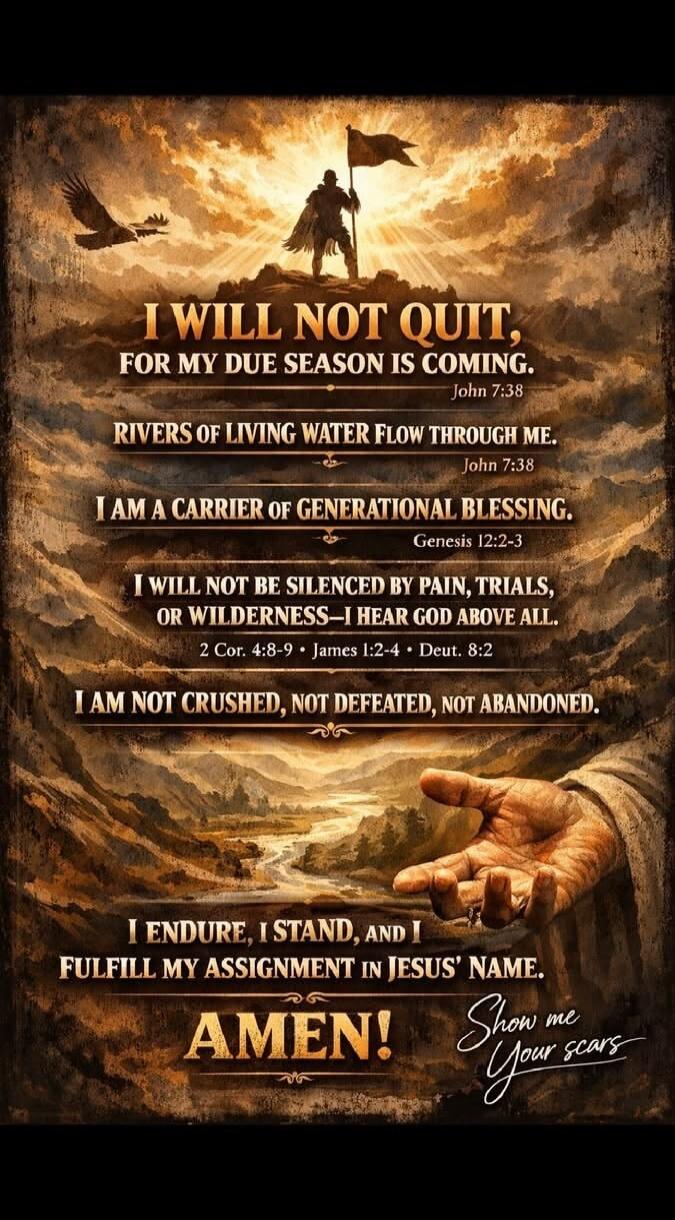 I WILL NOT QUIT, FOR MY DUE SEASON IS COMING. John 7:38. RIVERS OF LIVING WATER FLOW THROUGH ME. John 7:38. I AM A CARRIER OF GENERATIONAL BLESSING. Genesis 12:2-3. I WILL NOT BE SILENCED BY PAIN, TRIALS, OR WILDERNESS—I HEAR GOD ABOVE ALL. 2 Cor. 4:8-9 • James 1:2-4 • Deut. 8:2. I AM NOT CRUSHED, NOT DEFEATED, NOT ABANDONED. I ENDURE, I STAND, AND