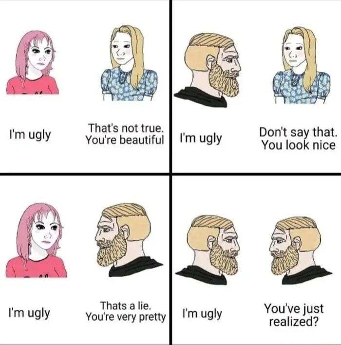 Thats not true Dont say that Imugly Youre beautiful Im ugly You look nice Thats a lie Youve just Imugly vourevery pretty Imugly realized