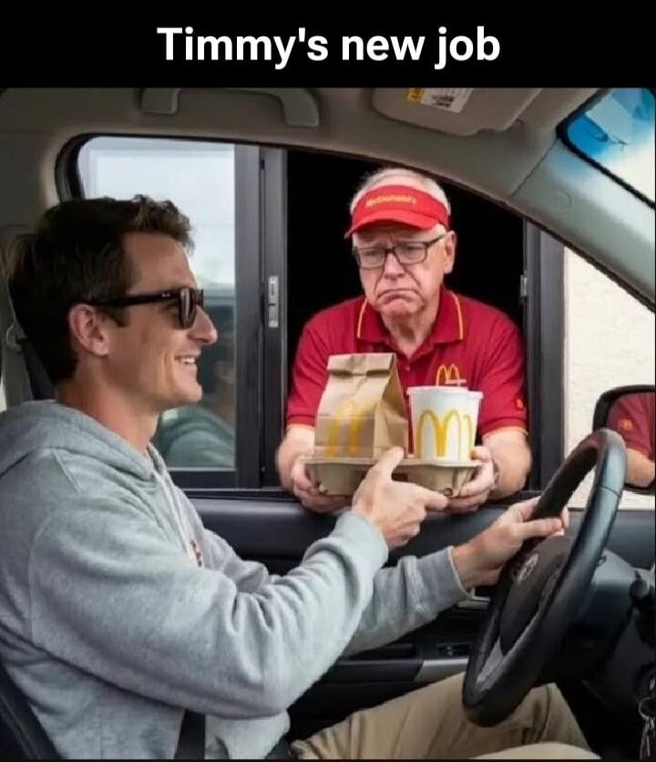 Timmy's new job. A smiling man in a car receives a McDonald's order from an older, sad-looking man in a McDonald's uniform at a drive-thru window.