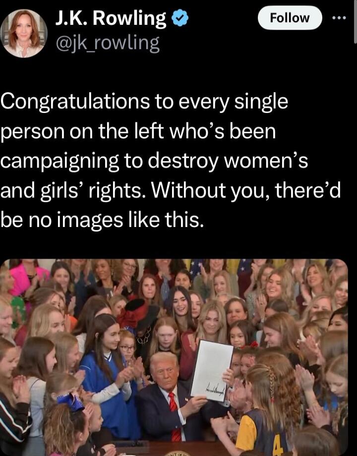 JK Rowling jk_rowling Congratulations to every single person on the left whos been campaigning to destroy womens and girls rights Without you thered NN EY CIY R g TEN