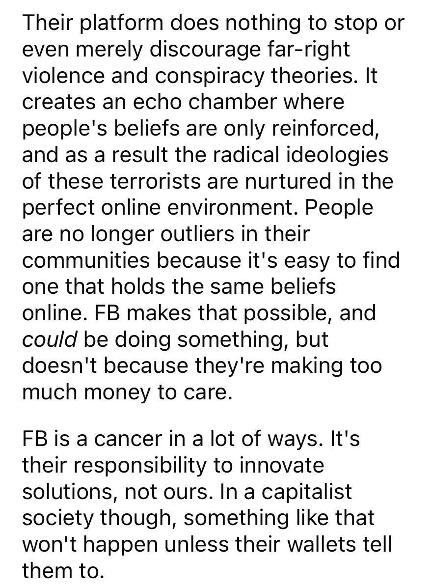 NPD_wont_stop_ME 1h Their platform does nothing to stop or even merely discourage far right violence and conspiracy theories It creates an echo chamber where peoples beliefs are only reinforced and as a result the radical ideologies of these terrorists are nurtured in the perfect online environment People are no longer outliers in their communities because its easy to find one that holds the same 
