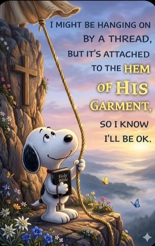 I MIGHT BE HANGING ON BY A THREAD, BUT IT'S ATTACHED TO THE HEM OF HIS GARMENT, SO I KNOW I'LL BE OK. Holy Bible