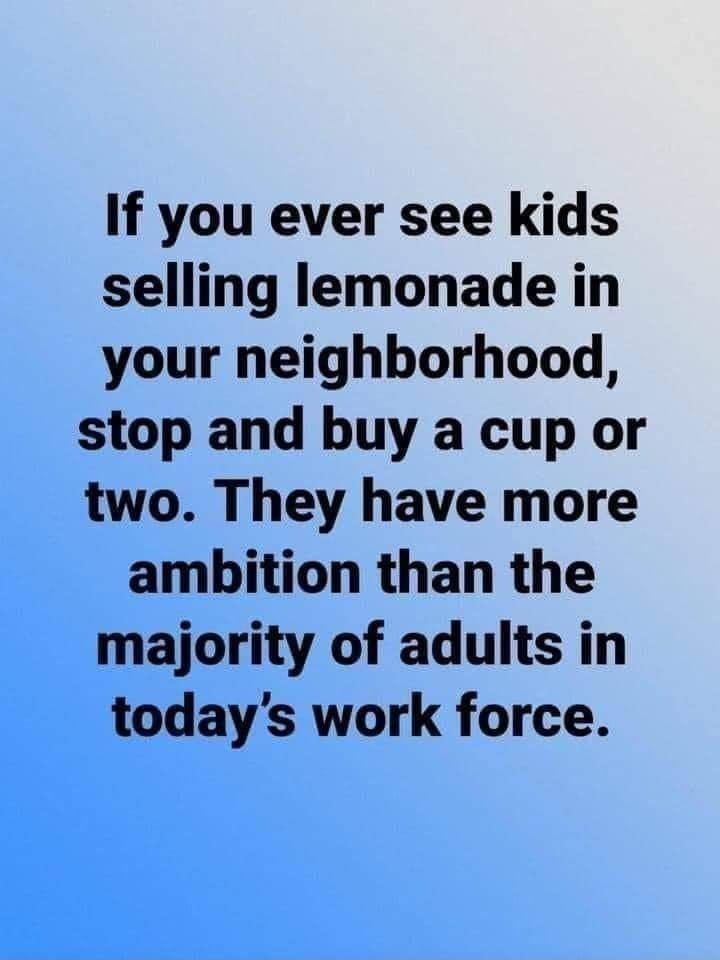 If you ever see kids selling lemonade in your neighborhood stop and buy a cup or two They have more ambition than the majority of adults in todays work force