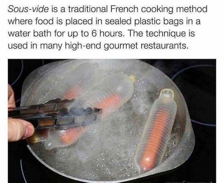 Sous vide is a traditional French cooking method where food is placed in sealed plastic bags in a water bath for up to 6 hours The technique is used in many high end gourmet restaurants