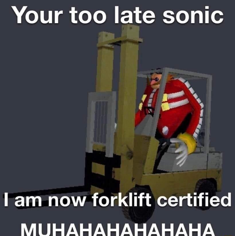 Your too late sonic I am now forklift certified MIIHAHAHAHAHAHA