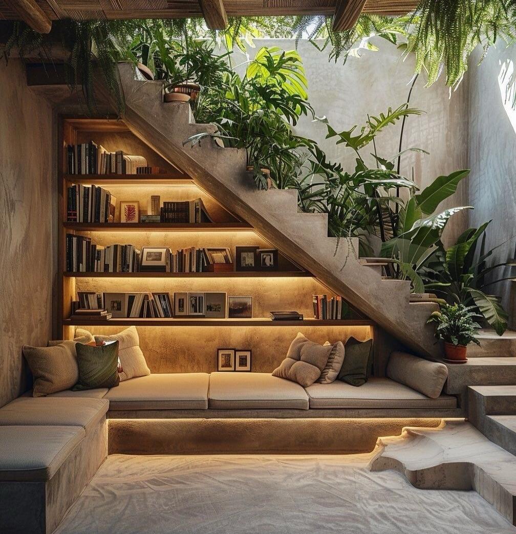 A stylish interior featuring a built-in bookshelf along the back of a staircase, warm LED under-shelf lighting, a long cushioned seating area with throw pillows, and abundant greenery with potted plants.