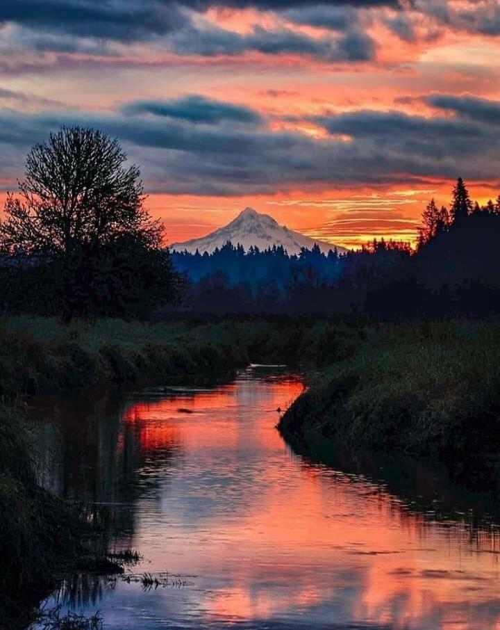A river reflecting a vivid sunset with a snow-capped mountain in the distance.