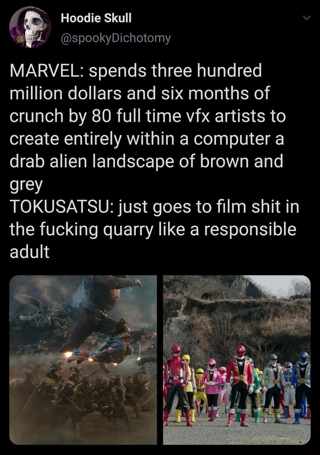 Hoodie Skull FL spookyDichotomy MARVEL spends three hundred million dollars and six months of crunch by 80 full time vfx artists to create entirely within a computer a drab alien landscape of brown and grey TOKUSATSU just goes to film shit in the fucking quarry like a responsible ELV