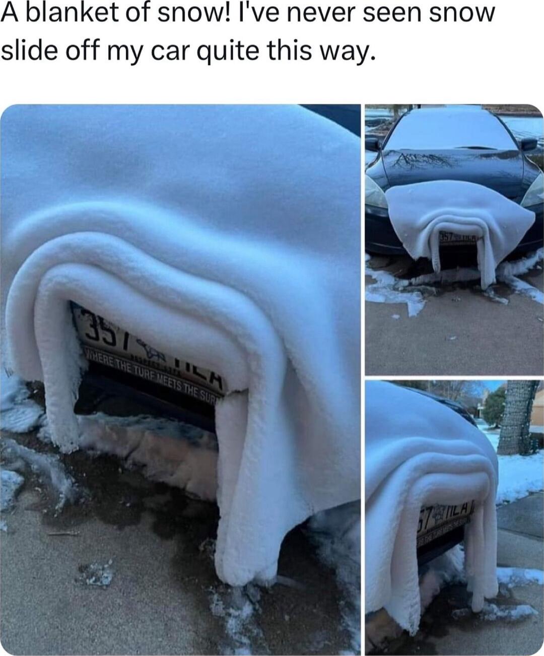 A blanket of snow Ive never seen snow slide off my car quite this way