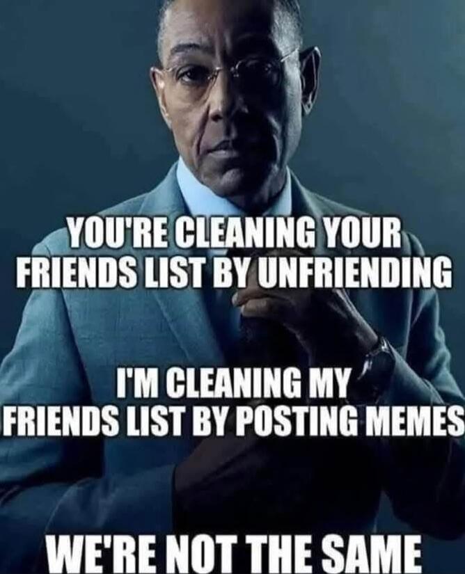 YOU'RE CLEANING YOUR FRIENDS LIST BY UNFRIENDING
I'M CLEANING MY FRIENDS LIST BY POSTING MEMES
WE'RE NOT THE SAME