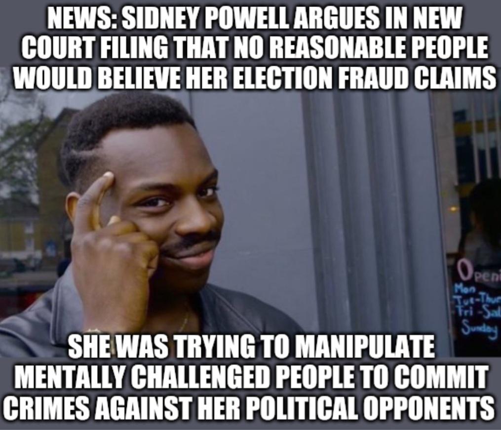 NEWS SIDNEY POWELL ARGUES IN NEW COURT FILING THAT NO REASONABLE PEOPLE WOULD BELIEVE HER ELECTION FRAUD CLAIMS e Rl VA F 7 SHEWAS TRYING TO MANIPULATE MENTALLY CHALLENGED PEOPLE TO COMMIT CRIMES AGAINST HER POLITICAL OPPONENTS