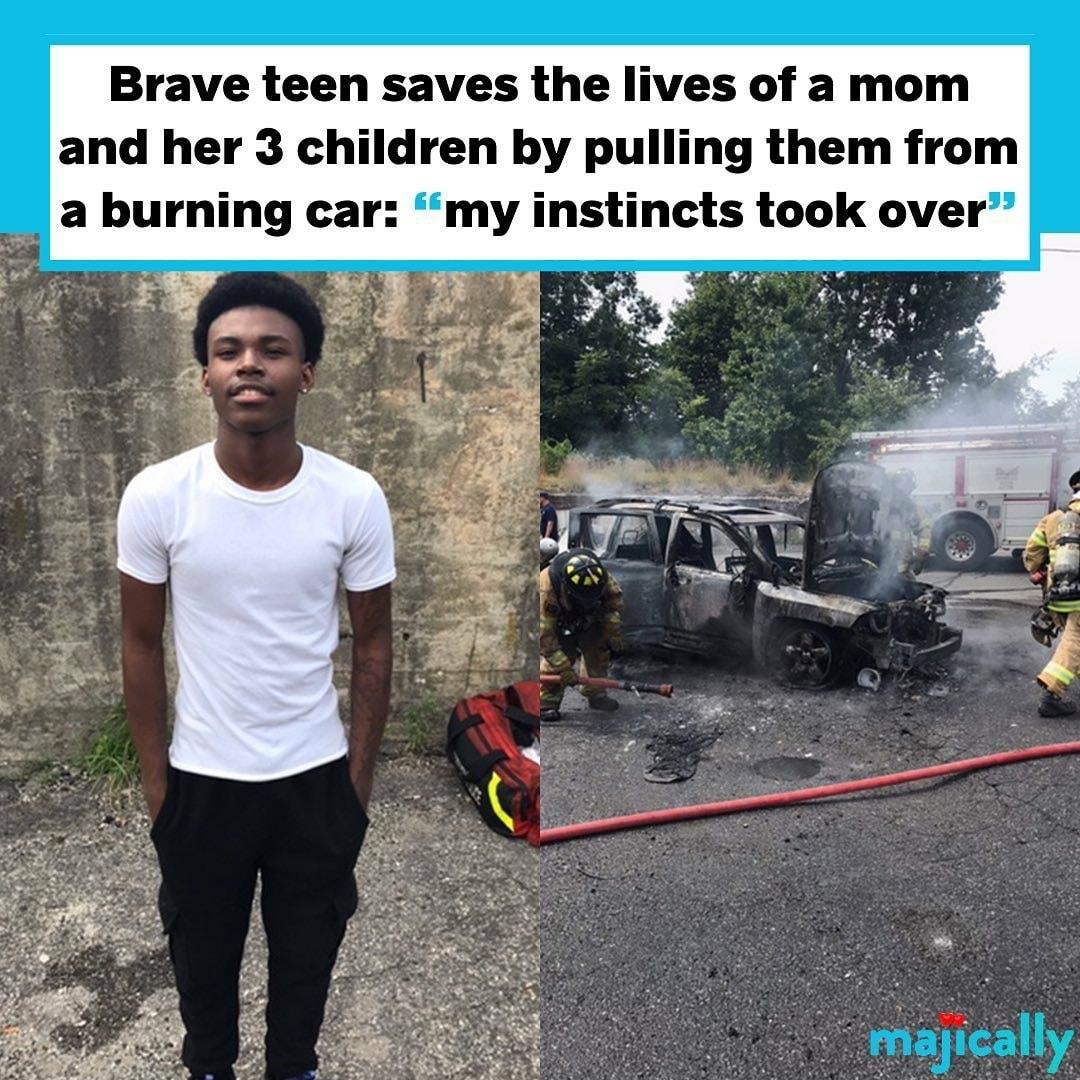 Brave teen saves the lives of a mom and her 3 children by pulling them from a burning car my instincts took over majlcally