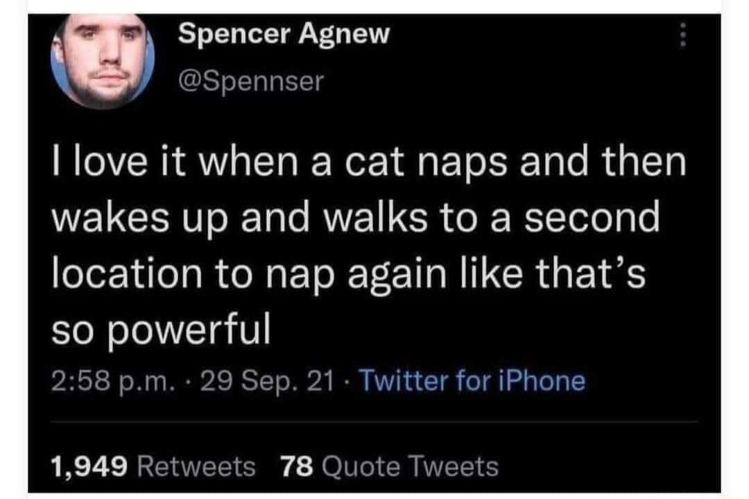 Spencer Agnew Spennser love it when a cat naps and then WELCERITORETale RVETCR R RETTeley o location to nap again like thats e N oJelVTg V pm 29 Sep 21 Twitter for iPhone