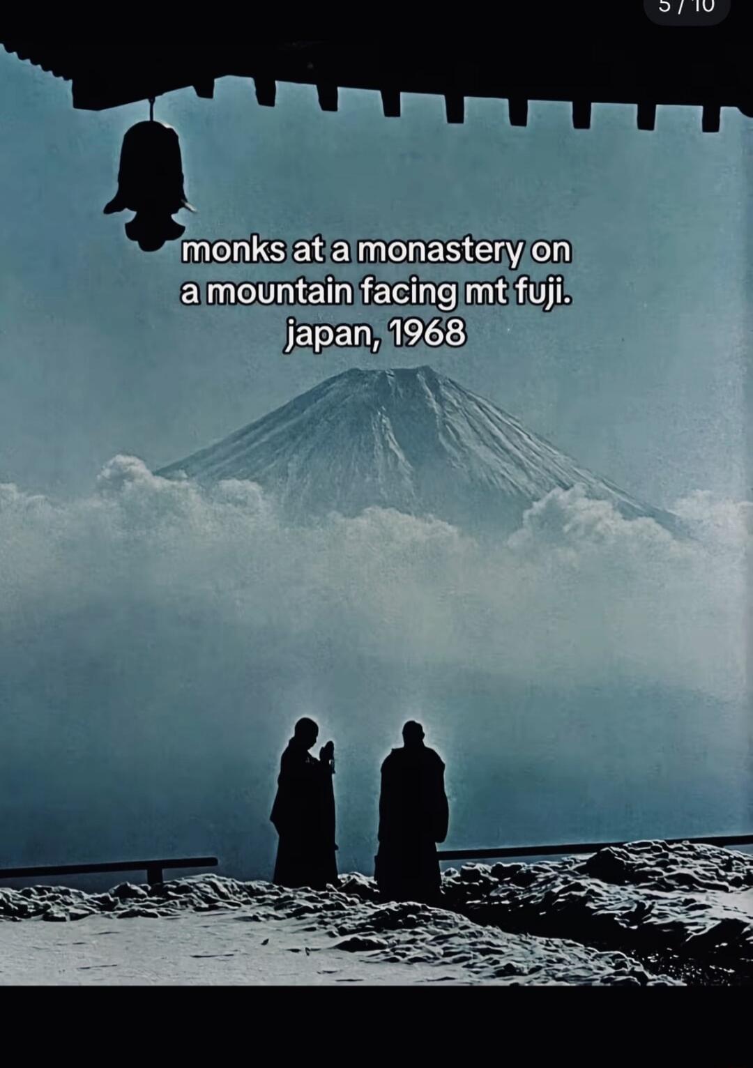monks at a monastery on a mountain facing mt fuji. japan, 1968