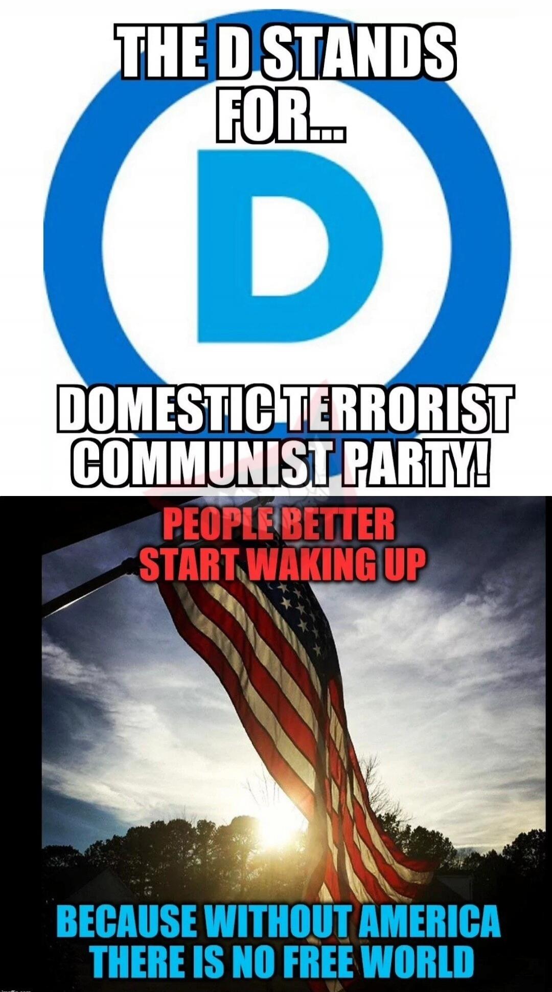THE D STANDS FOR... DOMESTIC TERRORIST COMMUNIST PARTY! PEOPLe BETTER START WAKING UP BECAUSE WITHOUT AMERICA THERE IS NO FREE WORLD