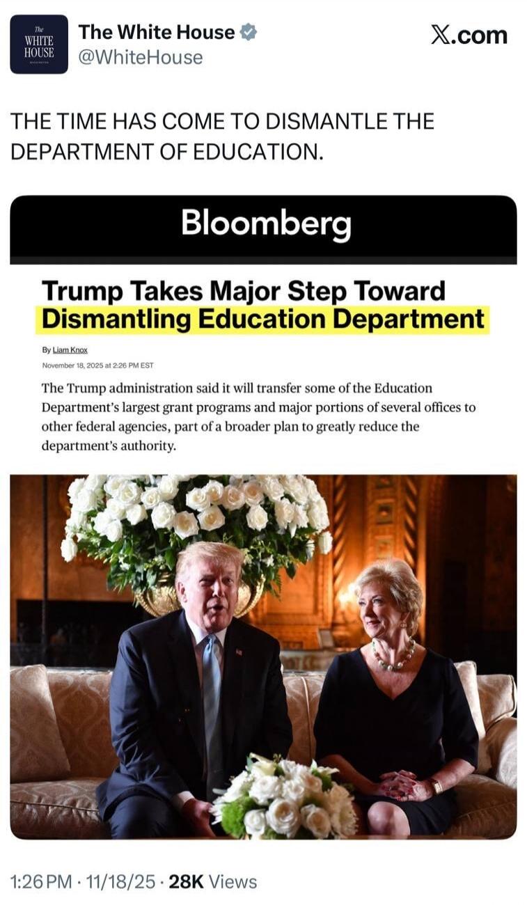 The White House @WhiteHouse
THE TIME HAS COME TO DISMANTLE THE DEPARTMENT OF EDUCATION.
Bloomberg
Trump Takes Major Step Toward Dismantling Education Department
By Liam Knox
November 18, 2025 at 2:26 PM EST
The Trump administration said it will transfer some of the Education Department's largest grant programs and major portions of several offices 