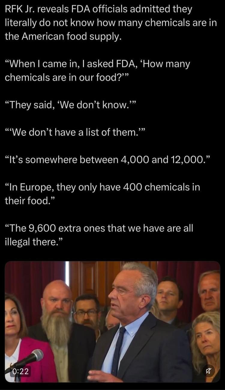 RFK Jr. reveals FDA officials admitted they literally do not know how many chemicals are in the American food supply. When I came in, I asked FDA, 'How many chemicals are in our food?' They said, 'We don't know.' 'We don't have a list of them.' 'It's somewhere between 4,000 and 12,000.' 'In Europe, they only have 400 chemicals in their food.' 'The 