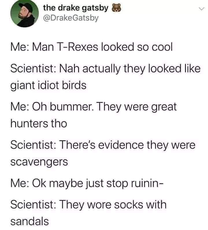 the drake gatsby 8 DrakeGatsby Me Man T Rexes looked so cool Scientist Nah actually they looked like giant idiot birds Me Oh bummer They were great hunters tho Scientist Theres evidence they were scavengers Me Ok maybe just stop ruinin Scientist They wore socks with sandals