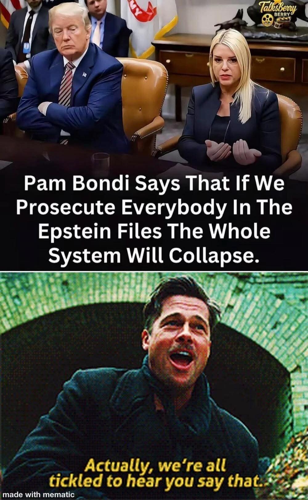 Pam Bondi Says That If We Prosecute Everybody In The Epstein Files The Whole System Will Collapse. Actually, we're all tickled to hear you say that.