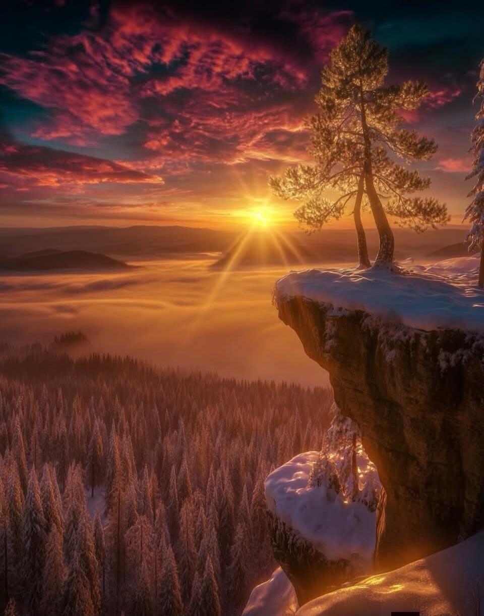A breathtaking sunset over a misty forest, with snow-capped mountains in the distance and a lone tree on a cliff edge.