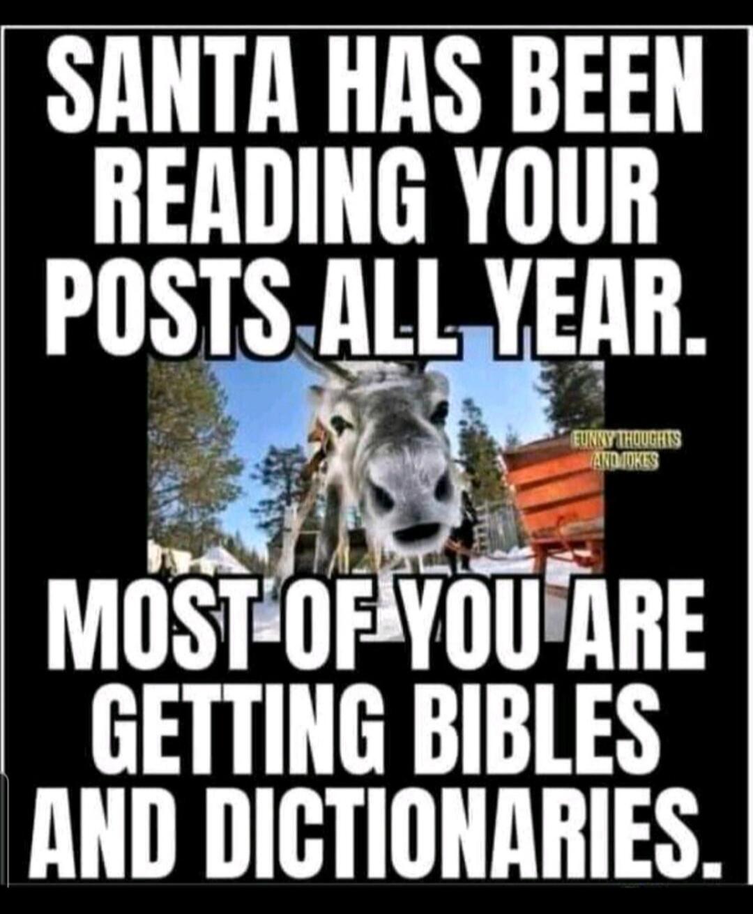 SANTA HAS BEEN READING YOUR POSTS ALL YEAR. MOST OF YOU ARE GETTING BIBLES AND DICTIONARIES. FUNNY THOUGHTS AND JOKES