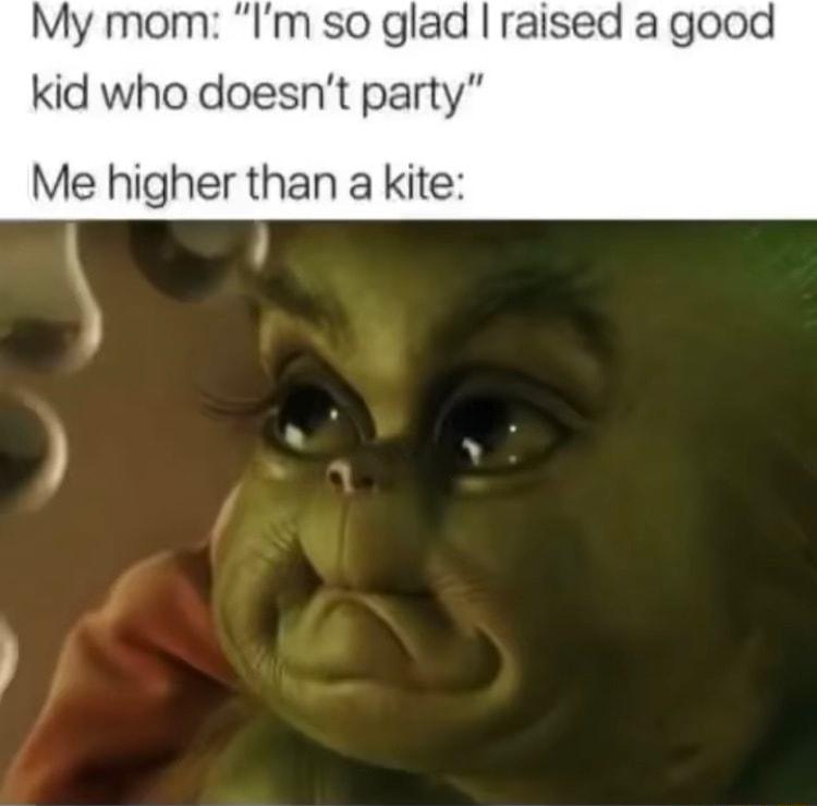 My mom Im so glad raised a good kid who doesnt party Me higher than a kite