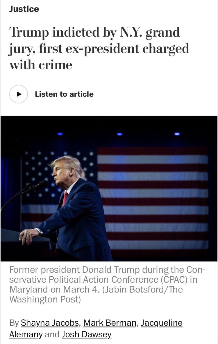 Justice Trump indicted by NY grand jury first ex president charged with crime Listen to article yle on Marct bin BotsfordTr shington Pc By Shayna Jacobs Mark Berman Jacqueline Alemany and Josh Dawsey
