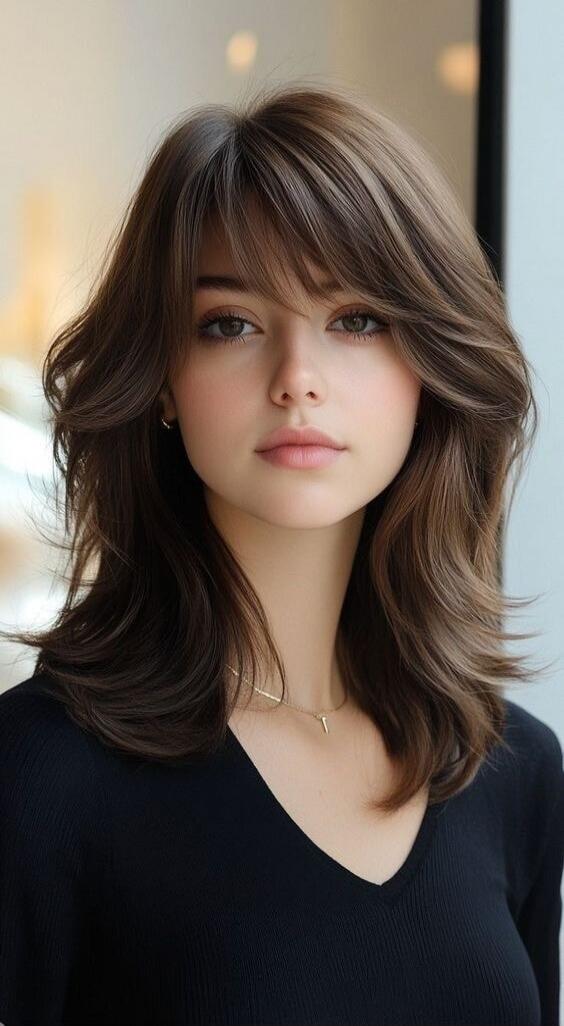 A portrait of a young woman with shoulder-length brown hair and bangs, wearing a black top.