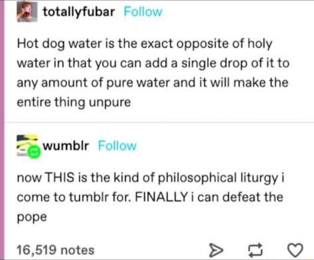 BN totallyfubar Follow Hot dog water is the exact opposite of holy water in that you can add a single drop of it to any amount of pure water and it will make the entire thing unpure 5wnmblr Follow now THIS is the kind of philosophical liturgy i come to tumblr for FINALLY i can defeat the pope 16519 notes