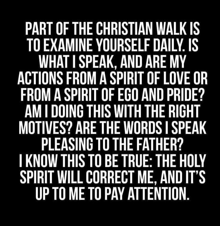 PART OF THE CHRISTIAN WALK IS TO EXAMINE YOURSELF DAILY. IS WHAT I SPEAK, AND ARE MY ACTIONS FROM A SPIRIT OF LOVE OR FROM A SPIRIT OF EGO AND PRIDE? AM I DOING THIS WITH THE RIGHT MOTIVES? ARE THE WORDS I SPEAK PLEASING TO THE FATHER? I KNOW THIS TO BE TRUE: THE HOLY SPIRIT WILL CORRECT ME, AND IT'S UP TO ME TO PAY ATTENTION.