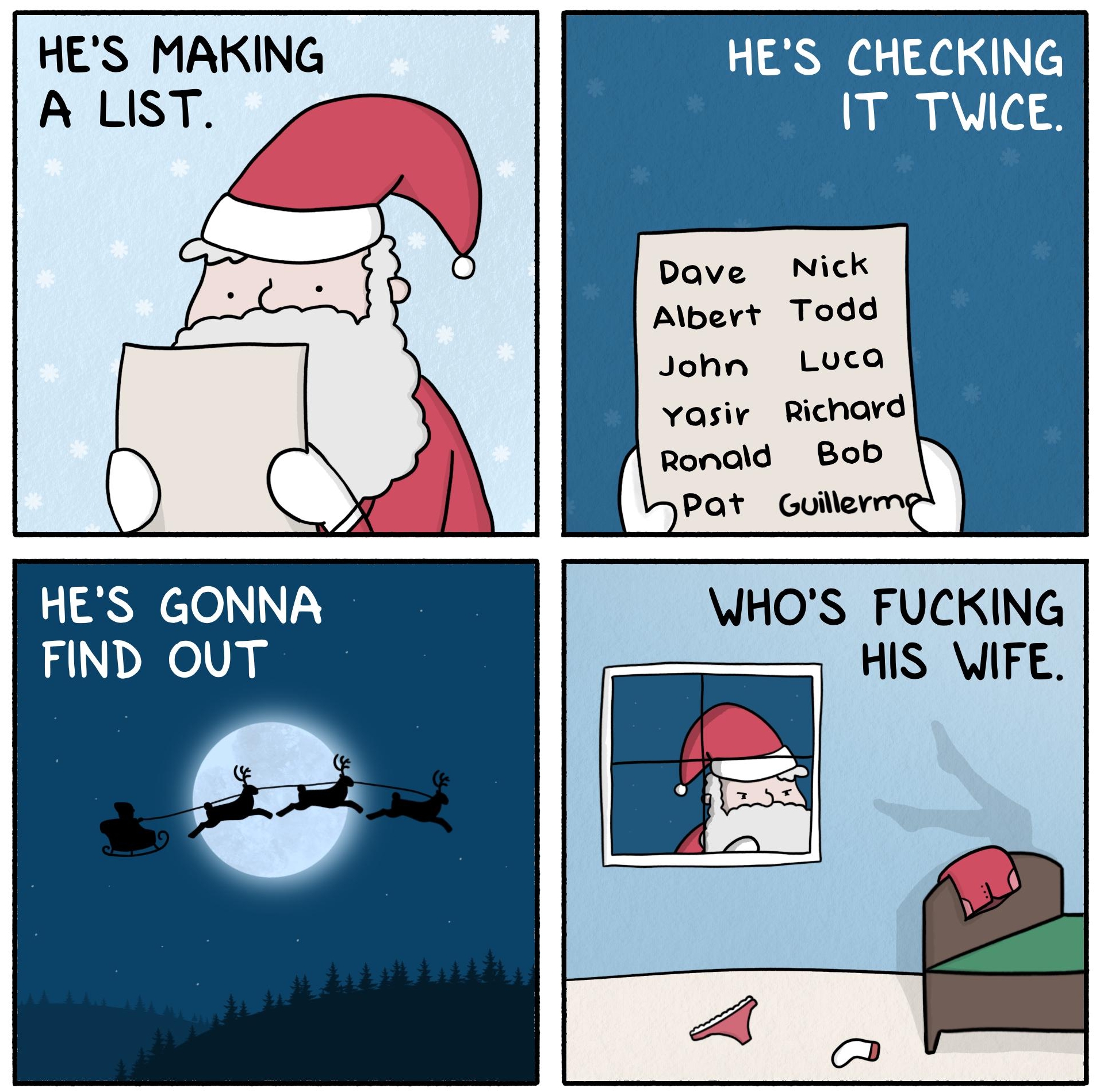 HES MAKING A LIST Pave John Ronald Albert Todd vasir Richard Nick Loca Bob Pat_Gulle HES GONNA WHOS FUCKING FIND OUT HIS WIFE
