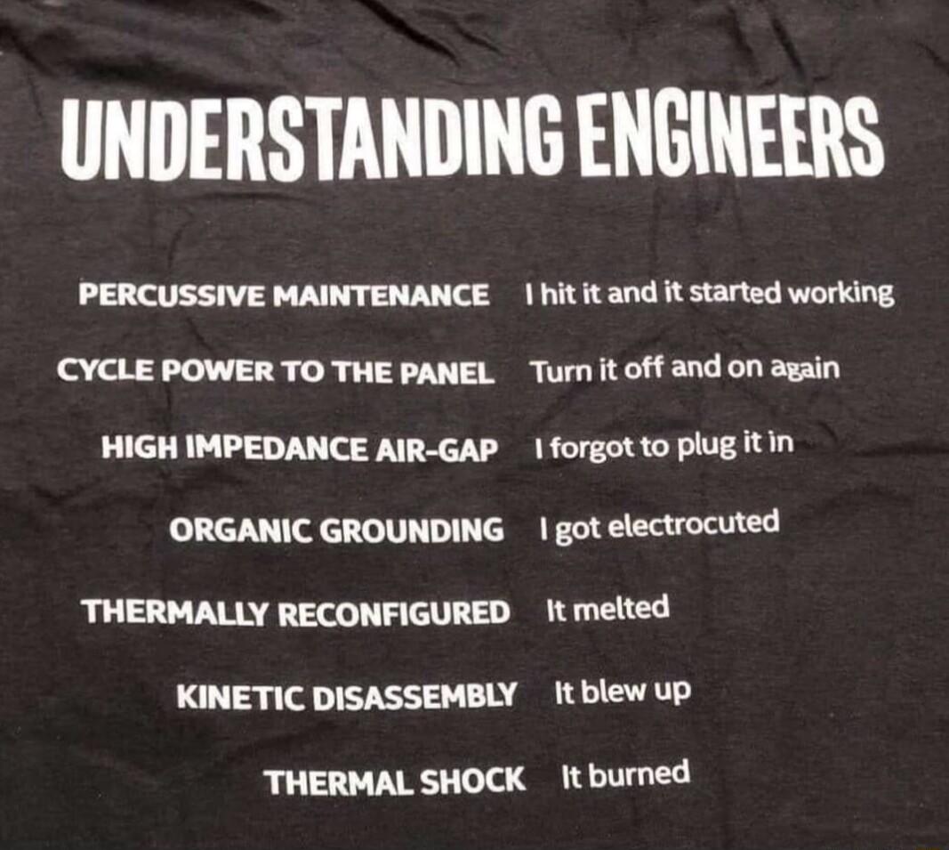 UNDERSTANDING ENGINEERS L TR TN TT CCYCLE POWER TO THE PANEL HIGH IMPEDANCE AIR GAP ORGANIC GROUNDING THERMALLY RECONFIGURED KINETIC DISASSEMBLY THERMAL SHOCK 1hit it and it started working Turn it off and on again 1forgotto plug tin 1 got electrocuted It metted Itblew up Itburned