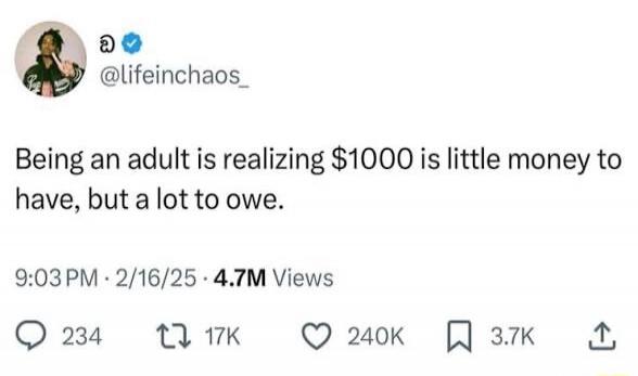 Being an adult is realizing $1000 is little money to have, but a lot to owe.