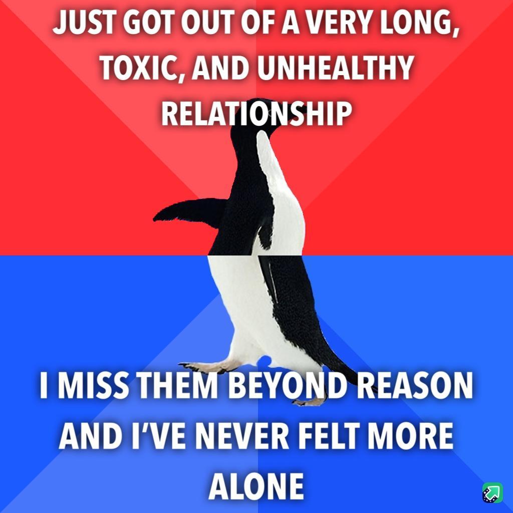 JUST GOT OUT OF A VERY LONG TOXIC AND UNHEALTHY RELATIONSHIP 1 MISSTHEM BEYOND REASON AND IVE NEVER FELT MORE ALONE a