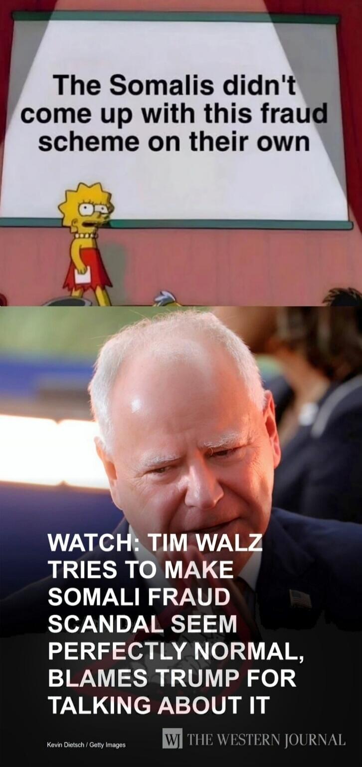 The Somalis didn't come up with this fraud scheme on their own. WATCH: TIM WALZ TRIES TO MAKE SOMALI FRAUD SCANDAL SEEM PERFECTLY NORMAL, BLAMES TRUMP FOR TALKING ABOUT IT.
