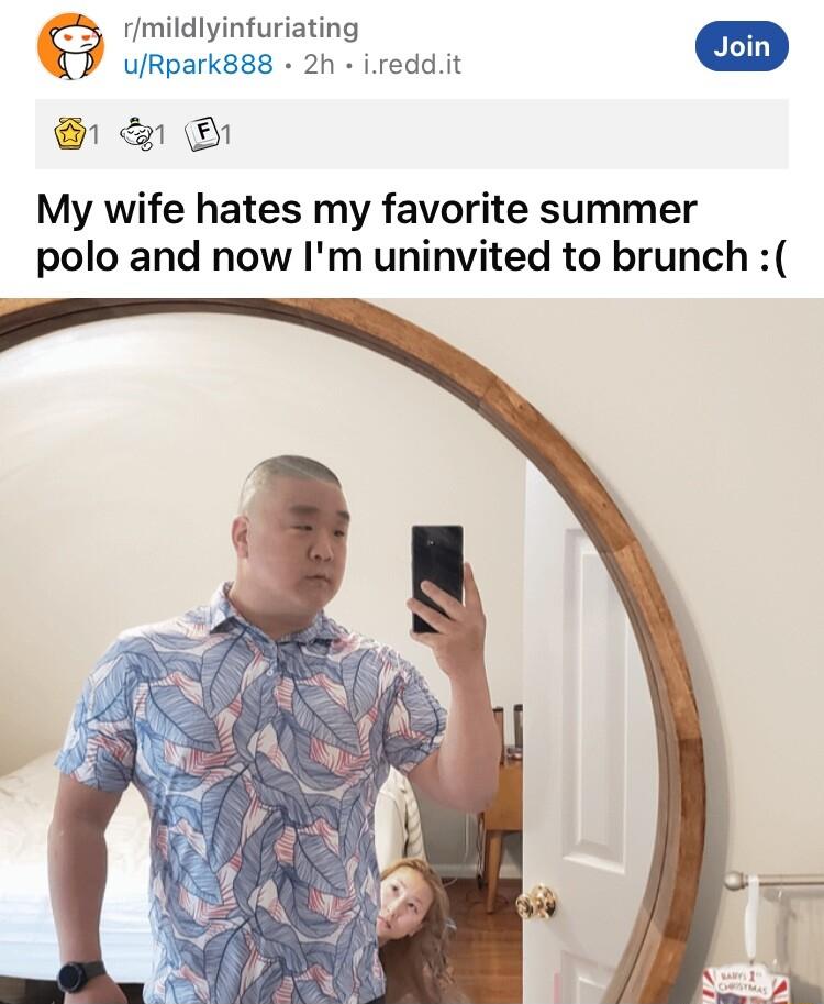 Jmildlyinfuriating 9 uRpark888 2h ireddit Join_ My wife hates my favorite summer polo and now Im uninvited to brunch