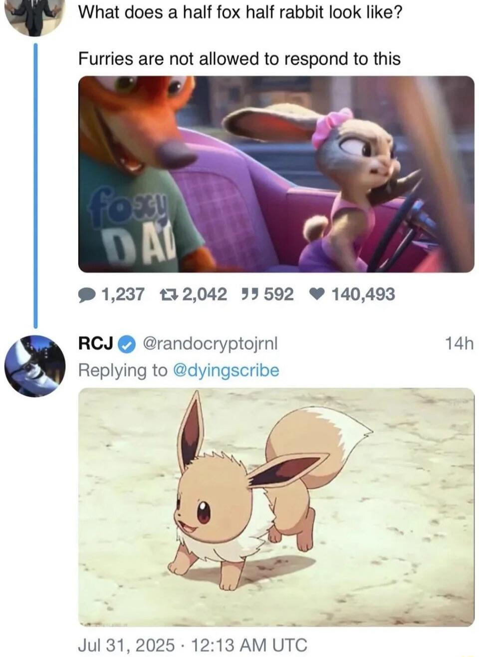 What does a half fox half rabbit look like?
Furries are not allowed to respond to this