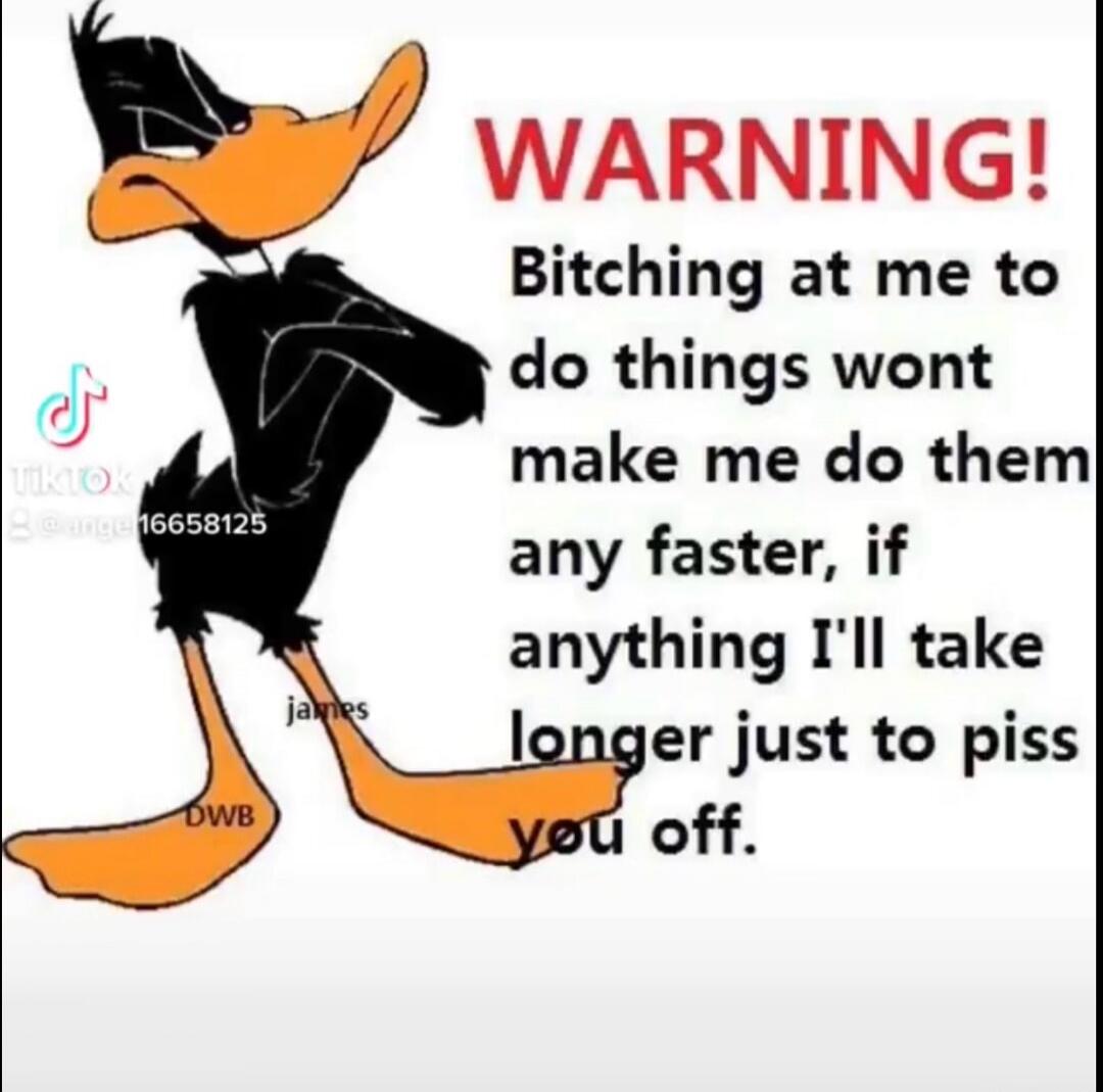 WARNING! Bitching at me to do things wont make me do them any faster, if anything I'll take longer just to piss you off.