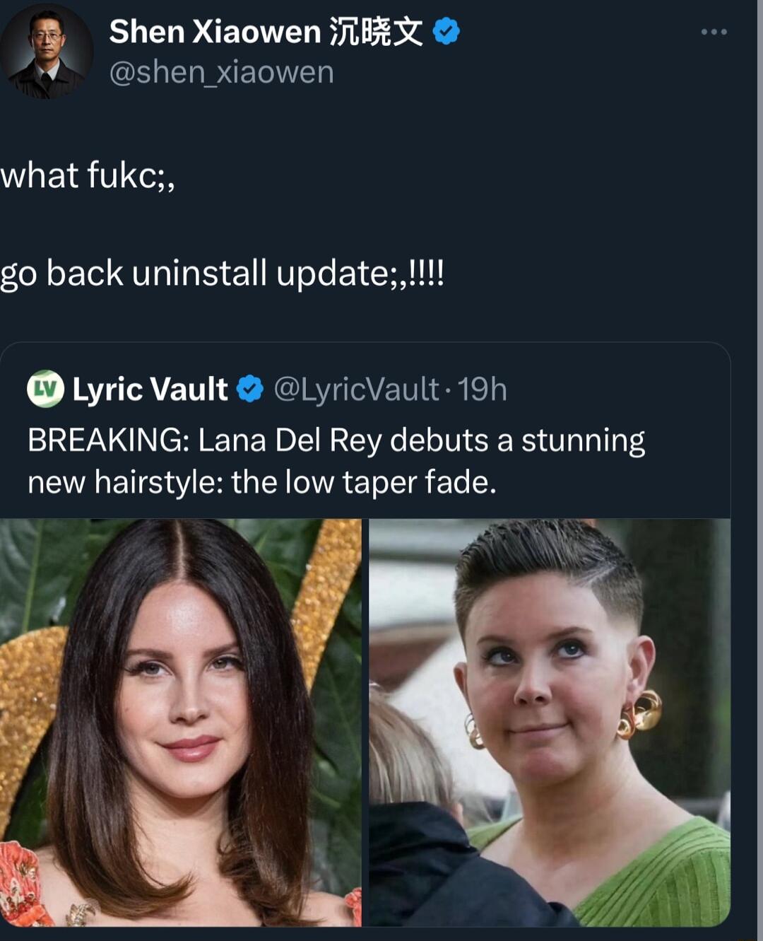 Shen Xiaowen X CEIERRIEEITE WLEIRTIIN go back uninstall update Lyric Vault LyricVault 19h BREAKING Lana Del Rey debuts a stunning TS SR G TR T Tg T I L i