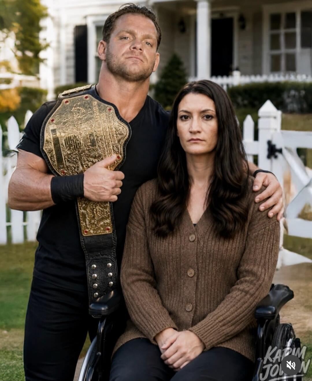 A man, possibly a wrestler, holding a championship belt, stands behind a woman in a wheelchair. Both have serious expressions. They are outdoors in front of a house with a white picket fence.