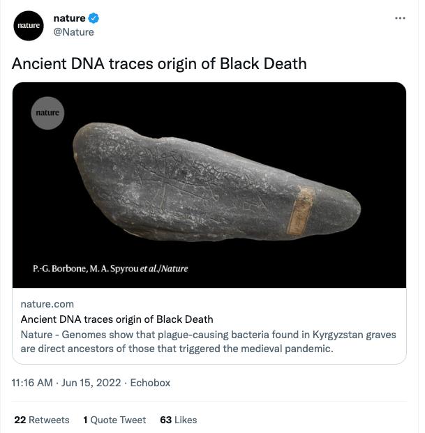 nature Nature Ancient DNA traces origin of Black Death Borbone M A SpyrouetalNature naturecom Ancient DNA traces origin of Black Death Nature Genomes show that plague causing bacteria found in Kyrgyzstan graves are direct ancestors of those that triggered the medieval pandemic 1116 AM Jun 15 2022 Echobox 22Retweets 1Quote Tweet 63 Likes