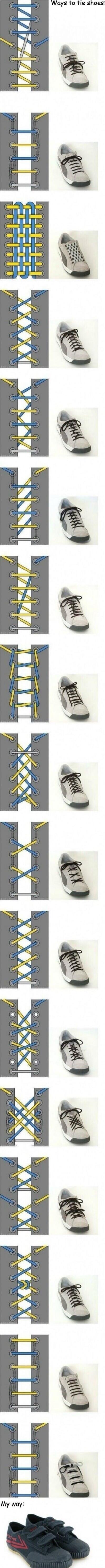 Multiple shoe-lacing tutorials showing different methods for tying shoelaces on sneakers. Each row displays a unique lacing pattern from start to finish, ending with a tied shoe. Caption: 'Ways to tie shoes!' 'My way:' with a pair of shoes.