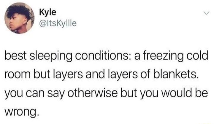 Kyle ItsKyllle best sleeping conditions a freezing cold room but layers and layers of blankets you can say otherwise but you would be wrong