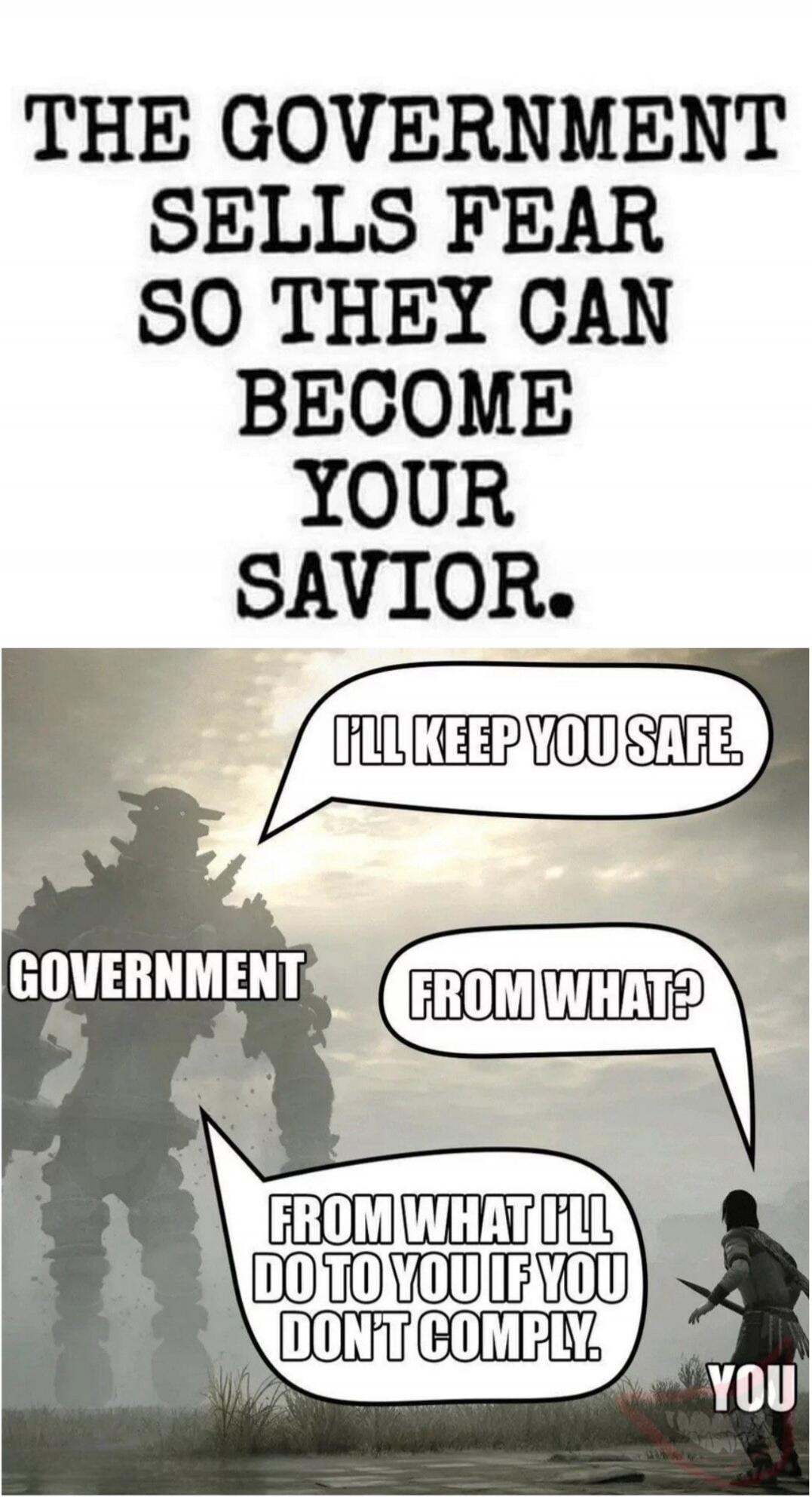 THE GOVERNMENT SELLS FEAR SO THEY CAN BECOME YOUR SAVIOR. Government: I'll keep you safe. You: From what? Government: From what I'll do to you if you don't comply.