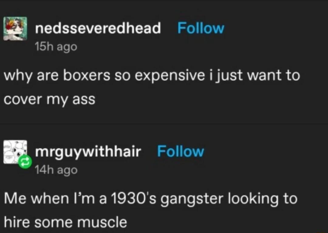 LQEGEELVETES EET ISl 15h ago why are boxers so expensive i just want to cover my ass mrguywithhair Follow 14h ago Me when Im a 1930s gangster looking to hire some muscle