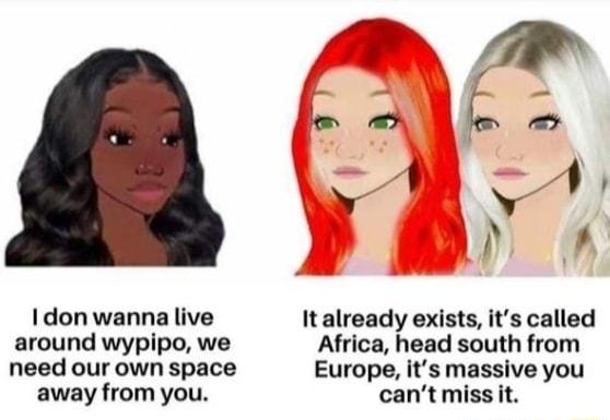 Idon wanna live around wypipo we need our own space away from you It already exists its called Africa head south from Europe its massive you cantmissit