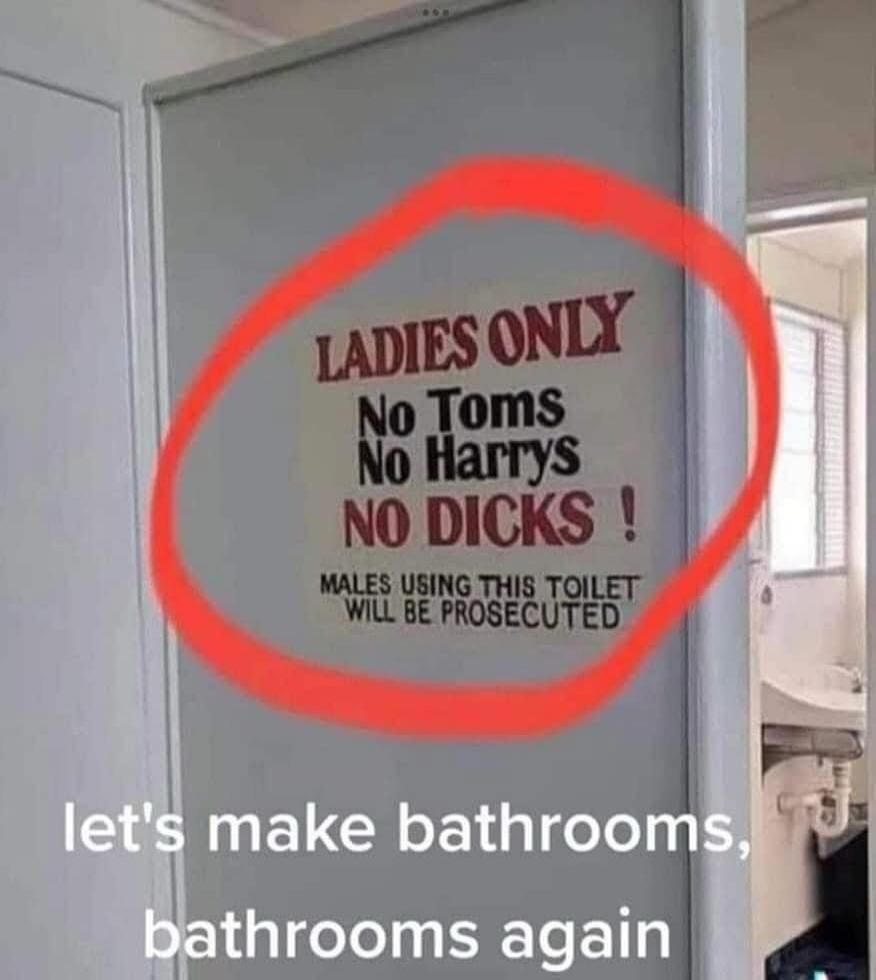 LADIES ONLY No Toms No Harrys NO DICKS ! MALES USING THIS TOILET WILL BE PROSECUTED let's make bathrooms, bathrooms again