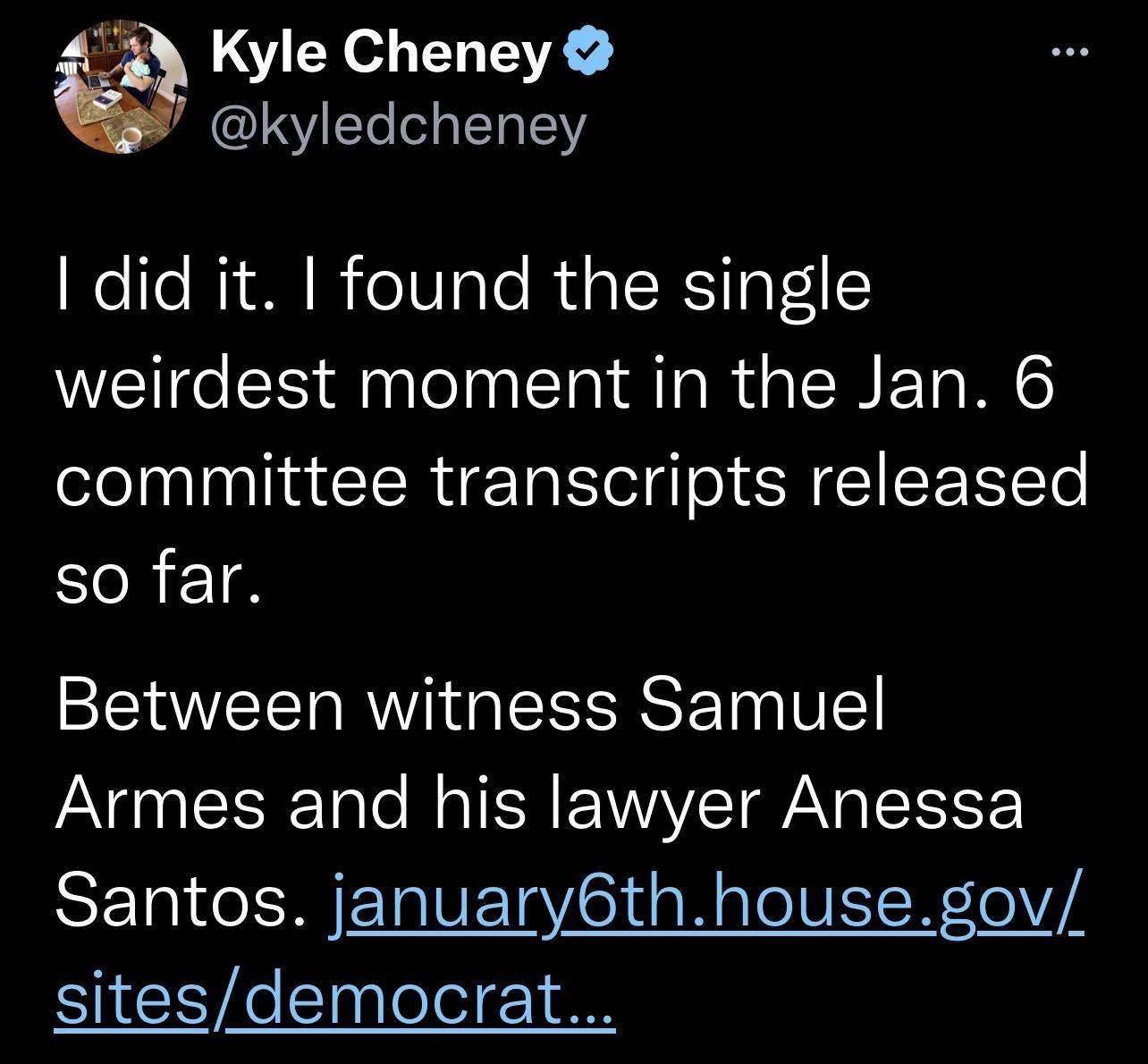 Kyle Cheney IVEG I TN did it found the single weirdest moment in the Jan 6 committee transcripts released so far Between witness Samuel Armes and his lawyer Anessa Santos january6thhousegov sitesdemocrat