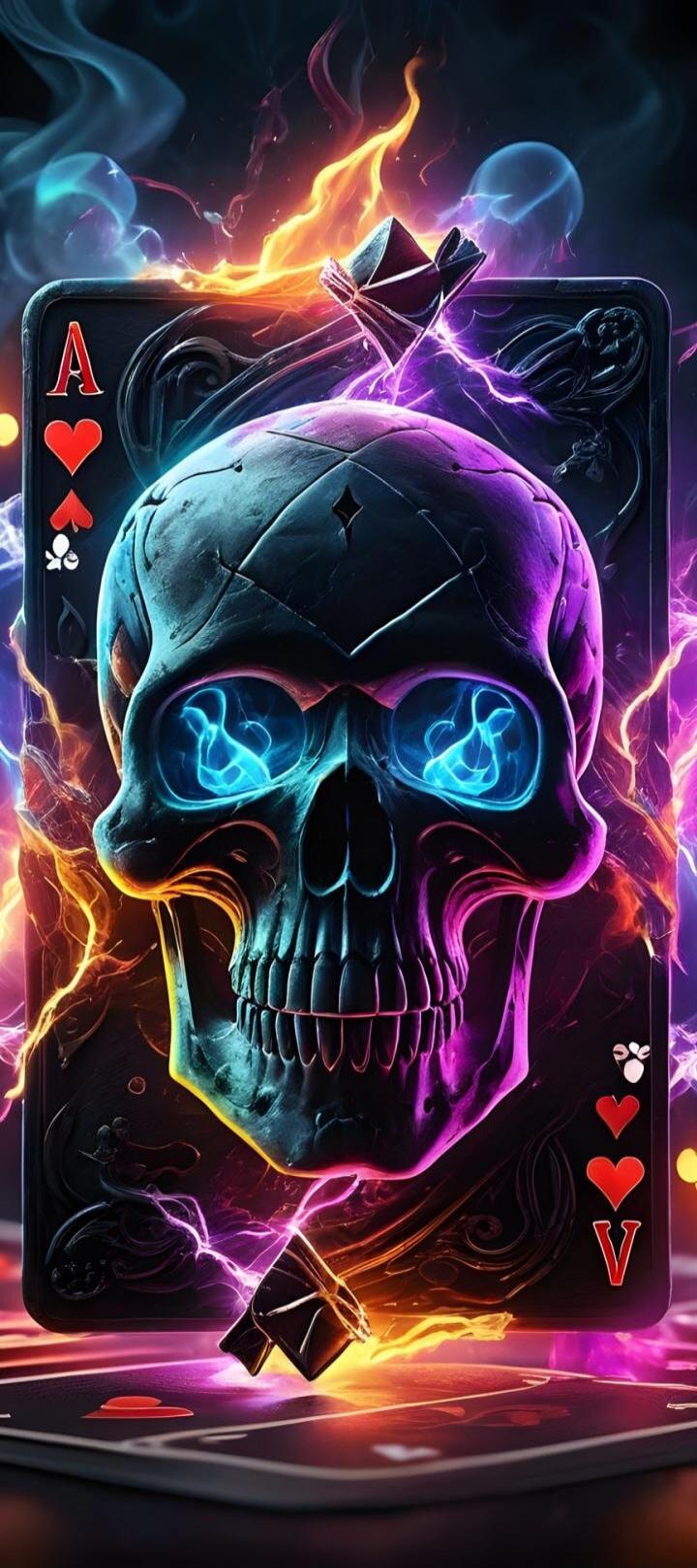 An Ace of Spades playing card with a skull design and glowing eyes, surrounded by vibrant neon energy. Other card suits like hearts, clubs, and diamonds are also visible.